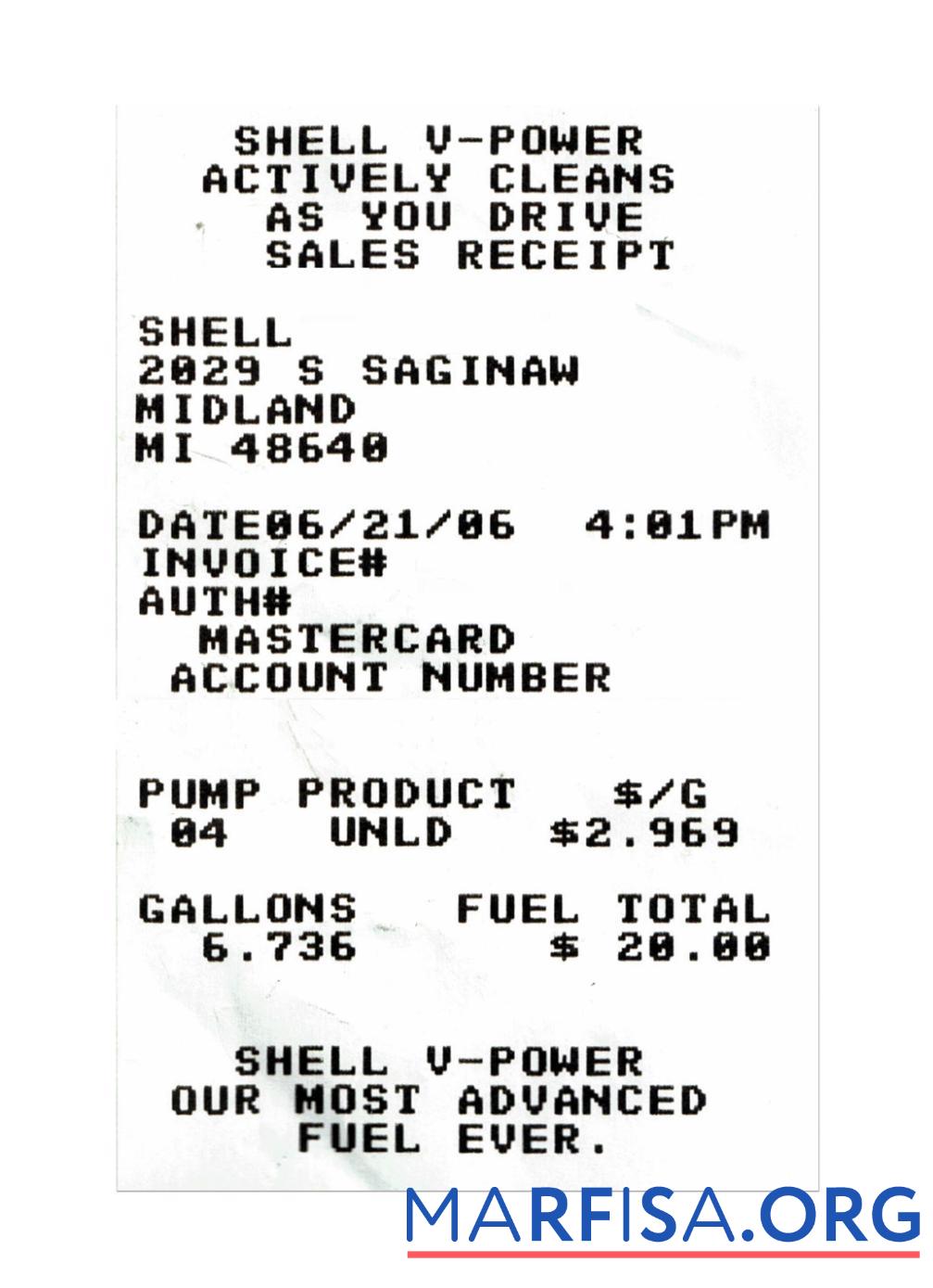 Realistic SHELL V POWER payment receipt example